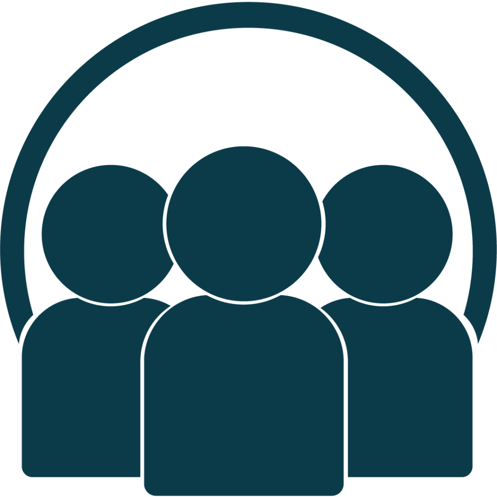 Blue icon of three figures standing under an arch