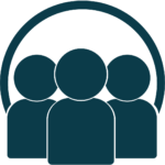 Blue icon of three figures standing under an arch