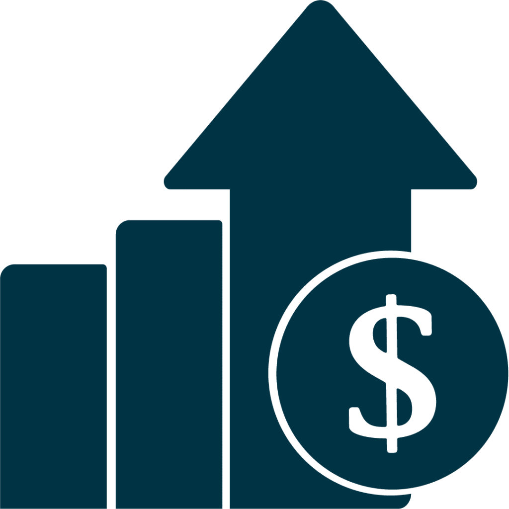 Blue graph icon with dollar sign and upwards arrow