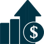 Blue graph icon with dollar sign and upwards arrow