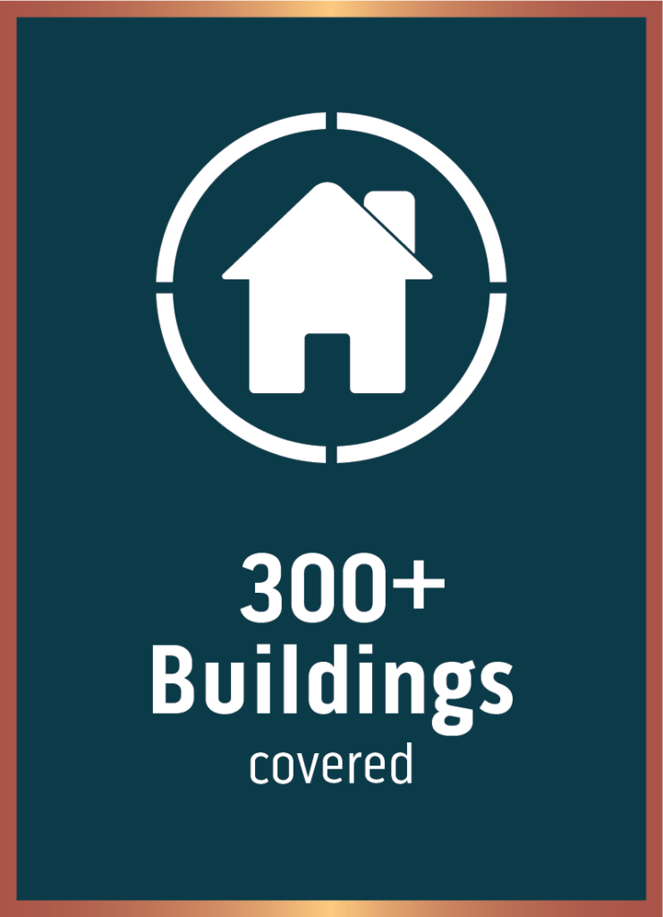 Infographic reads: "300+ buildings covered"